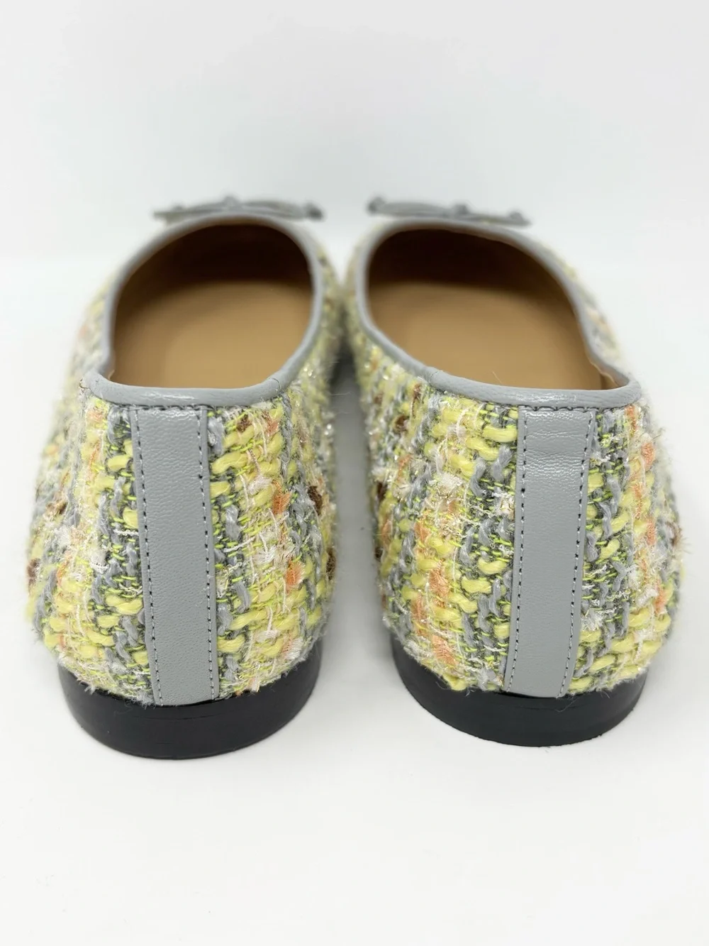 Tory Burch Tweed Ballet Flats Gray Yellow Leather Cap Toe Bow Size 9.5